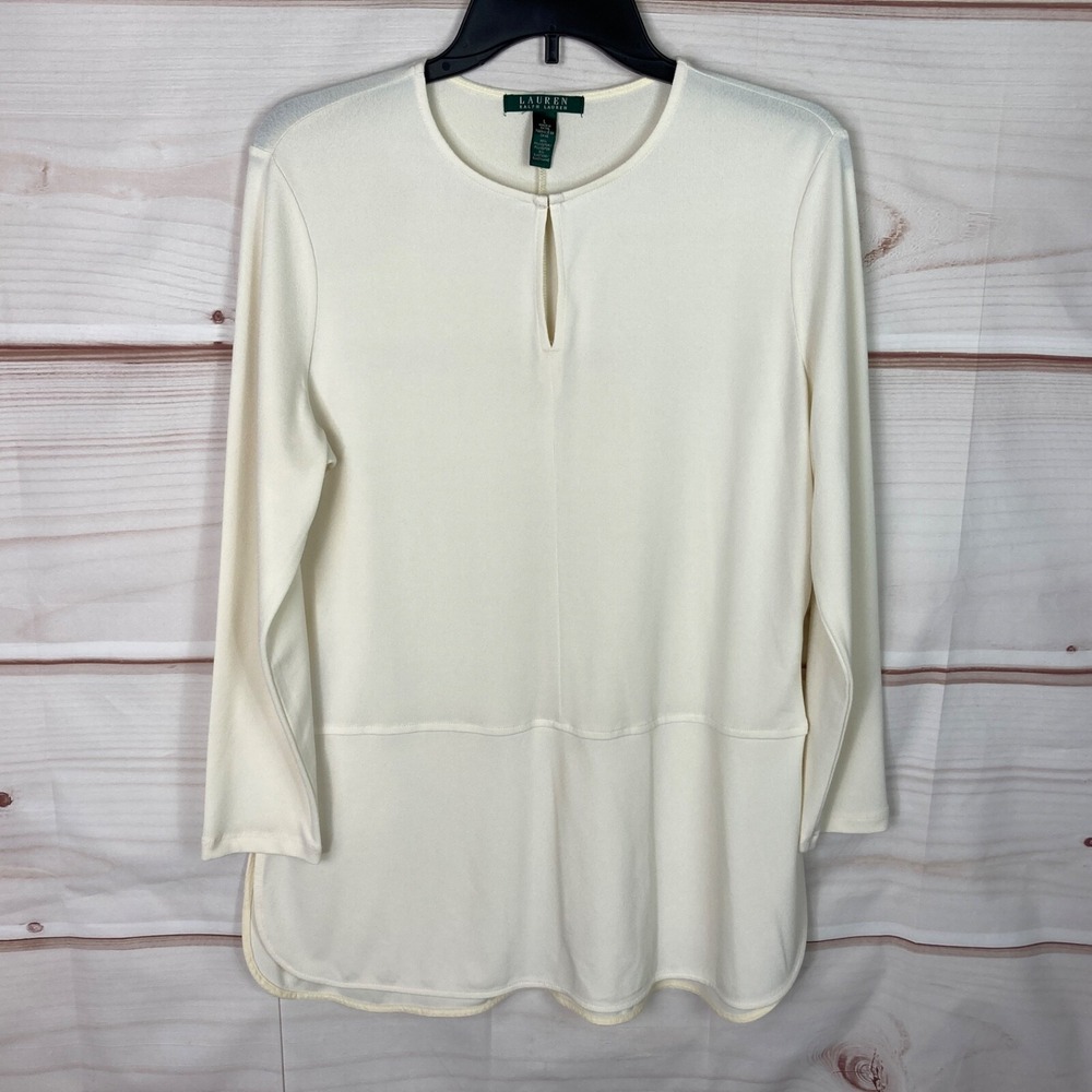 Lauren Ralph Lauren Top Womens L Ivory Tunic Blouse Long Sleeve Keyhole Neck